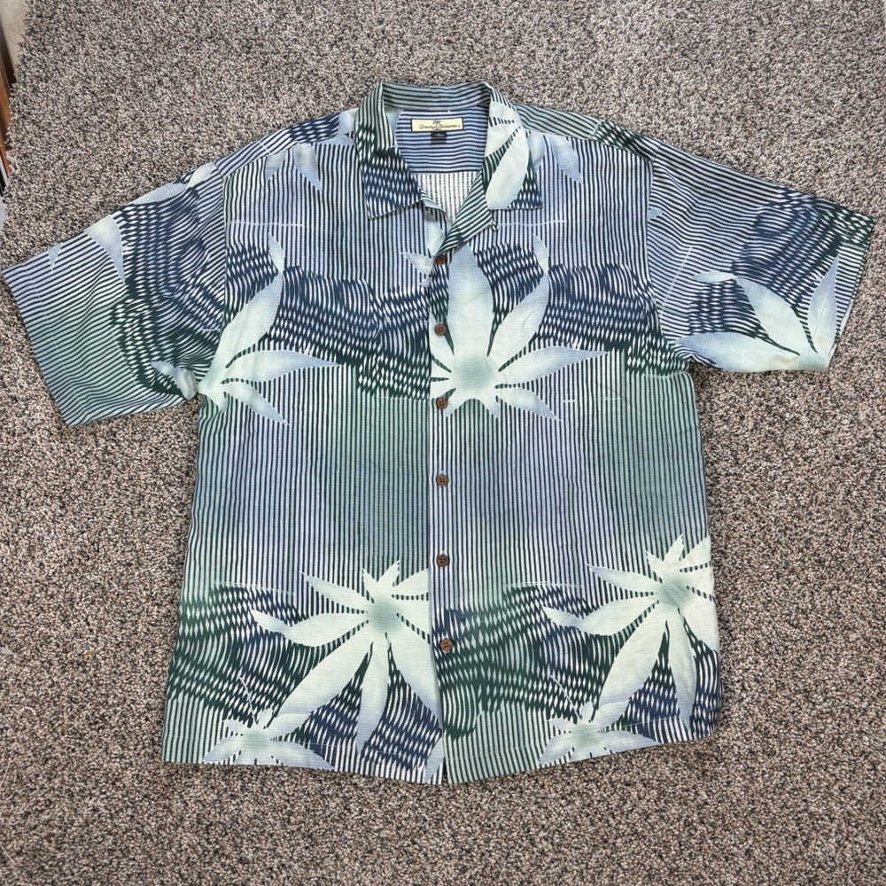 Tommy Bahama Men's XL Silk Camp Shirt Green Blue Striped Tropical Leaf Print